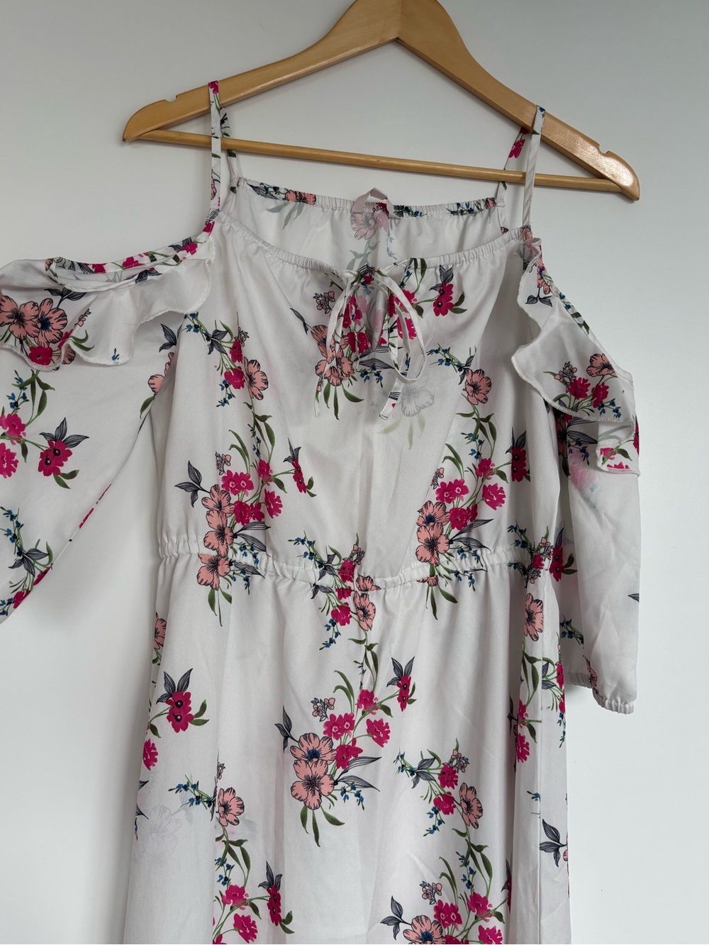 Mast & Harbour 17” PTP Floral Cold-Shoulder Maxi Dress, White/Pink, Size Medium. - Picture 8 of 15
